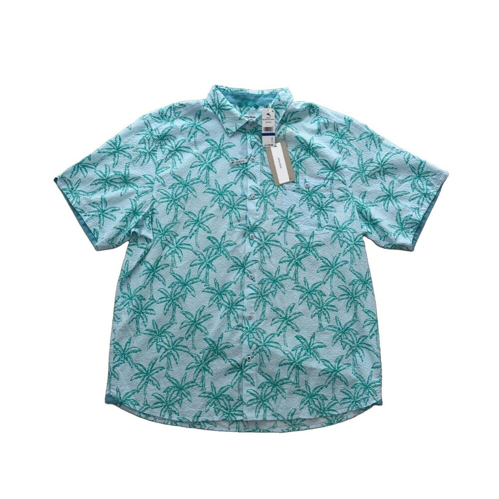 Tommy Bahama Nova Wave Shirt Men XL Dew Drop Green Palm Tree Seersucker ST327145